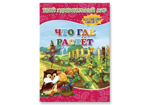 Книжка с наклейками Что где растет серия Твой удивительный мир 21*29см 12стр.