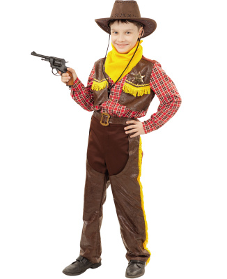 Карнавальный костюм Ковбой рубашка с жилетом, брюки, бандана, шляпа, пистолет с кобурой