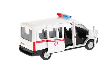 Машина металл FORD Transit скорая 12см, открыв. двери, инерц. в кор. Технопарк
