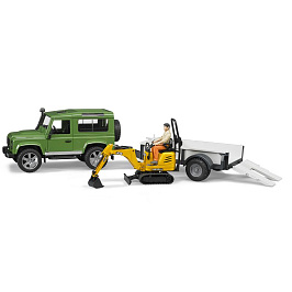 Внедорожник Land Rover Defender c прицепом-платформой гусеничным мини экскаватором 8010 CTS и рабоч